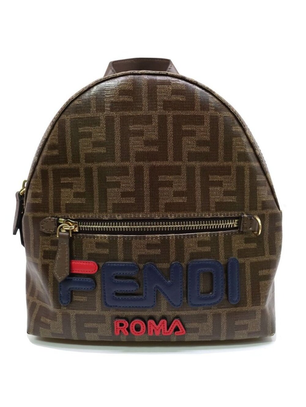 Fendi Backpack Fila Collaboration FF Logo Polyester Leather Brown Gold